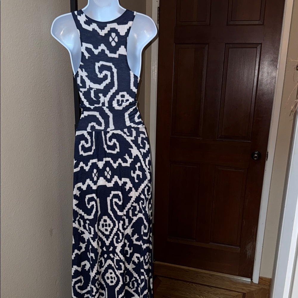 Maeve Navy Off White Ikat Scrollwork Maxi Dress Navy Cream Women’s Sz XS - Picture 4 of 7